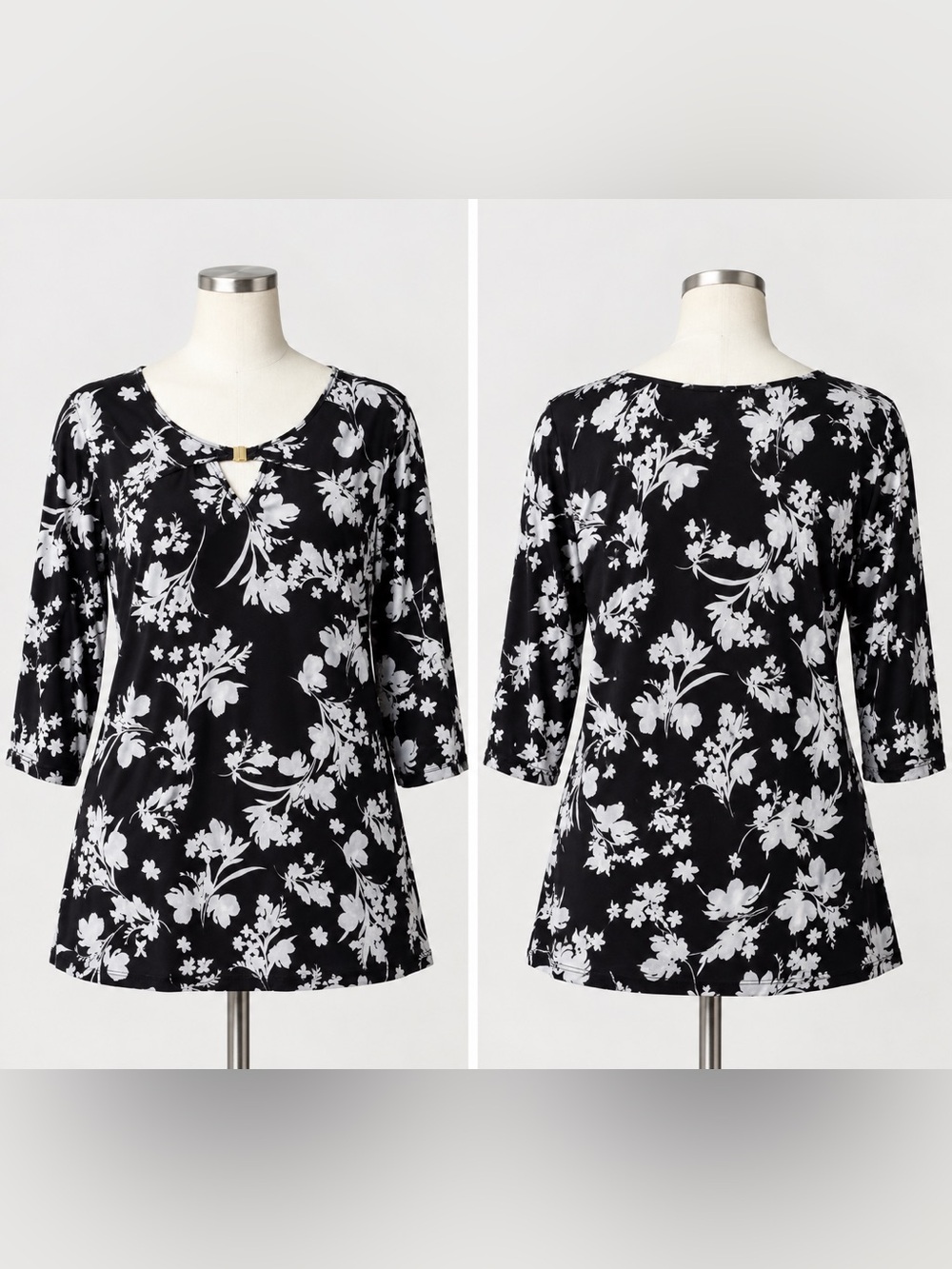 Liz Claiborne Blouse Black & White Floral Women's 2X Keyhole Neck Blouse Classic